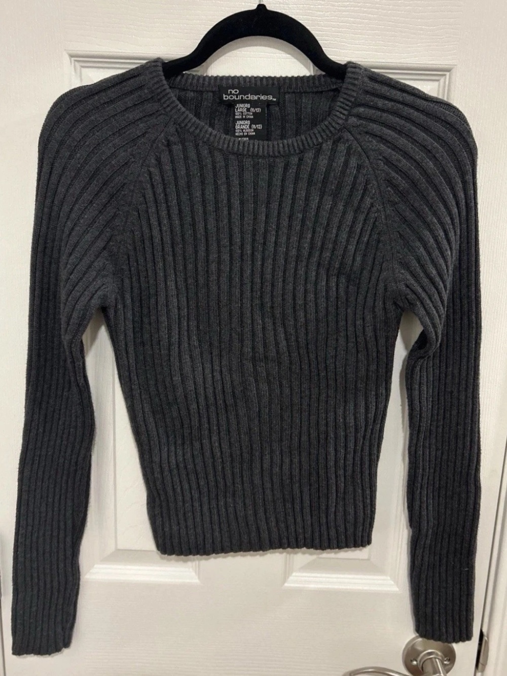 Vintage Y2K No Boundaries Ribbed Crew Neck Fitted Sweater Juniors Sz Large Grey